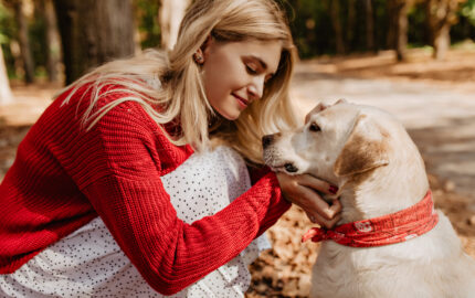 Gefahren für Haustiere: junge Frau mit Hund im Herbst